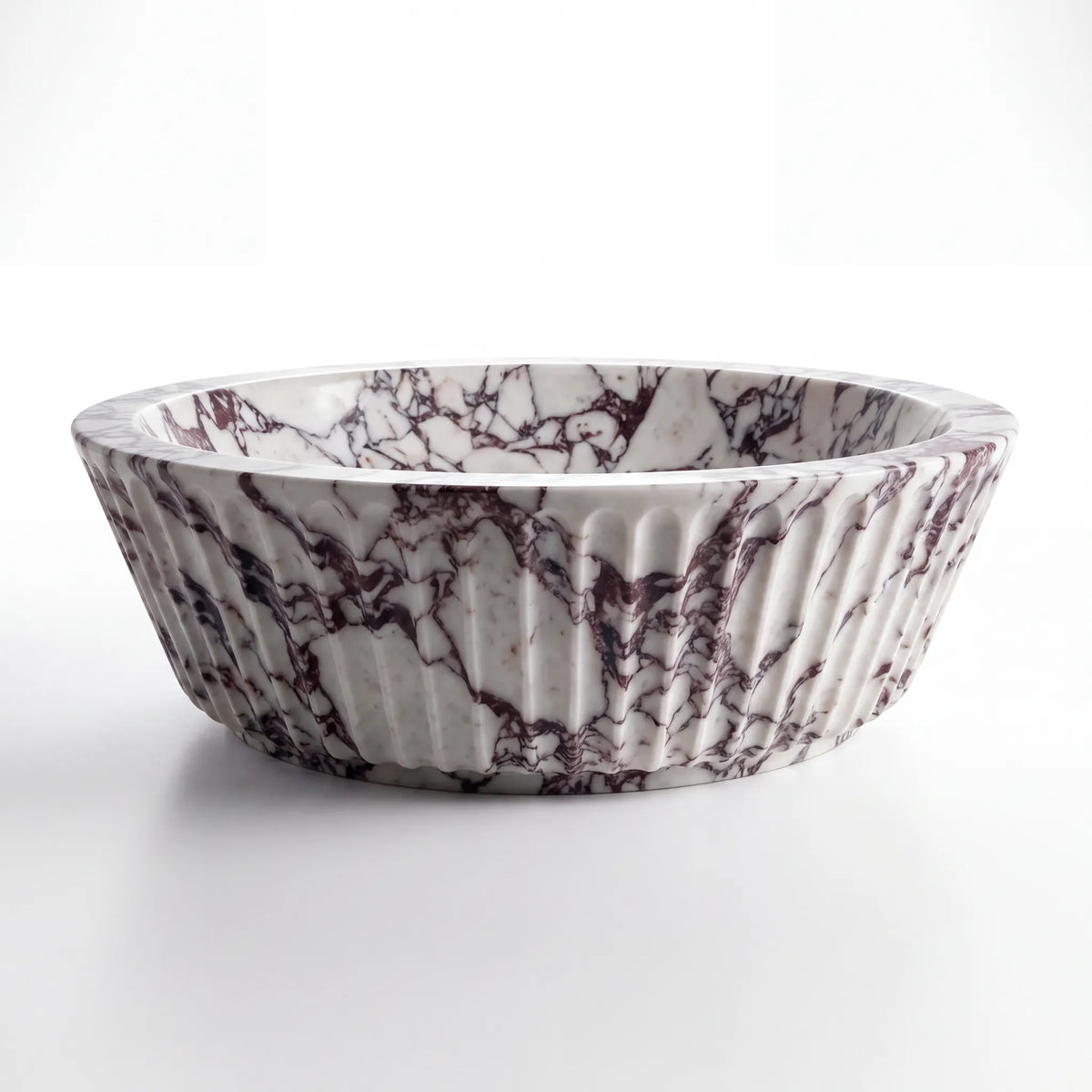 Front view of RMD-078 Viadora round Calacatta Viola marble vessel sink with polished finish
