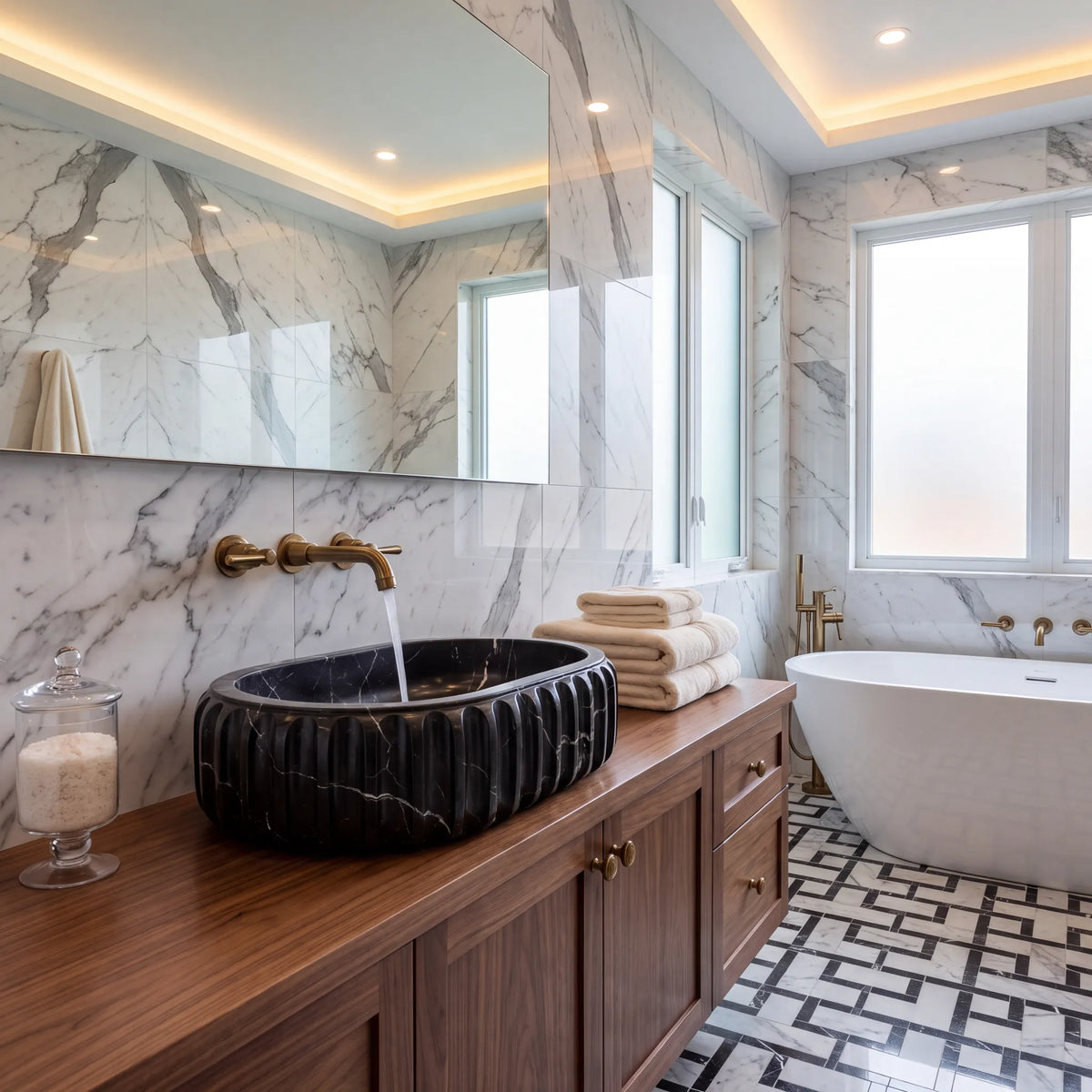 RMD-079 Nerovara rectangular Nero Marquina marble vessel sink styled on an elegant bathroom vanity