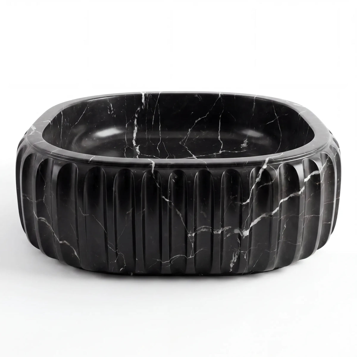 Front view of RMD-079 Nerovara rectangular Nero Marquina marble vessel sink with polished finish