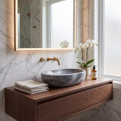 RMD-081  Round Grey Marble Vessel Sink Basin