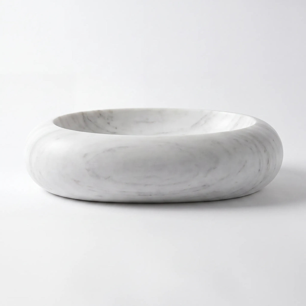 Front view of RMD-082 Carraluna round Carrara white marble vessel sink with polished finish