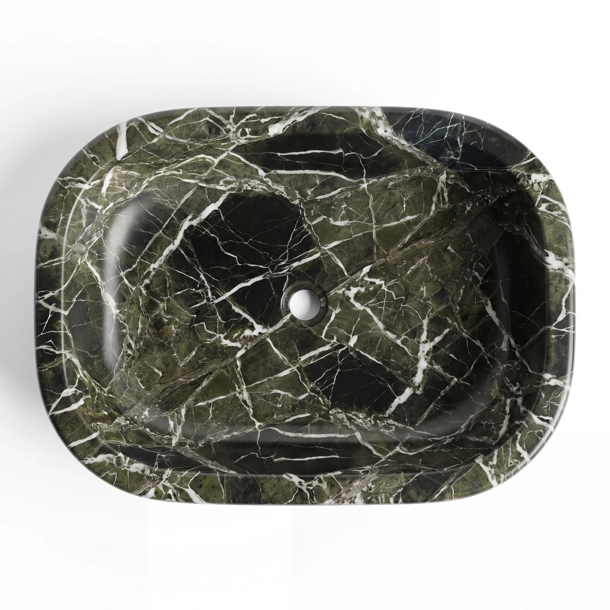 Detailed view of RMD-083 Verdavia green marble vessel sink showing distinctive natural veining