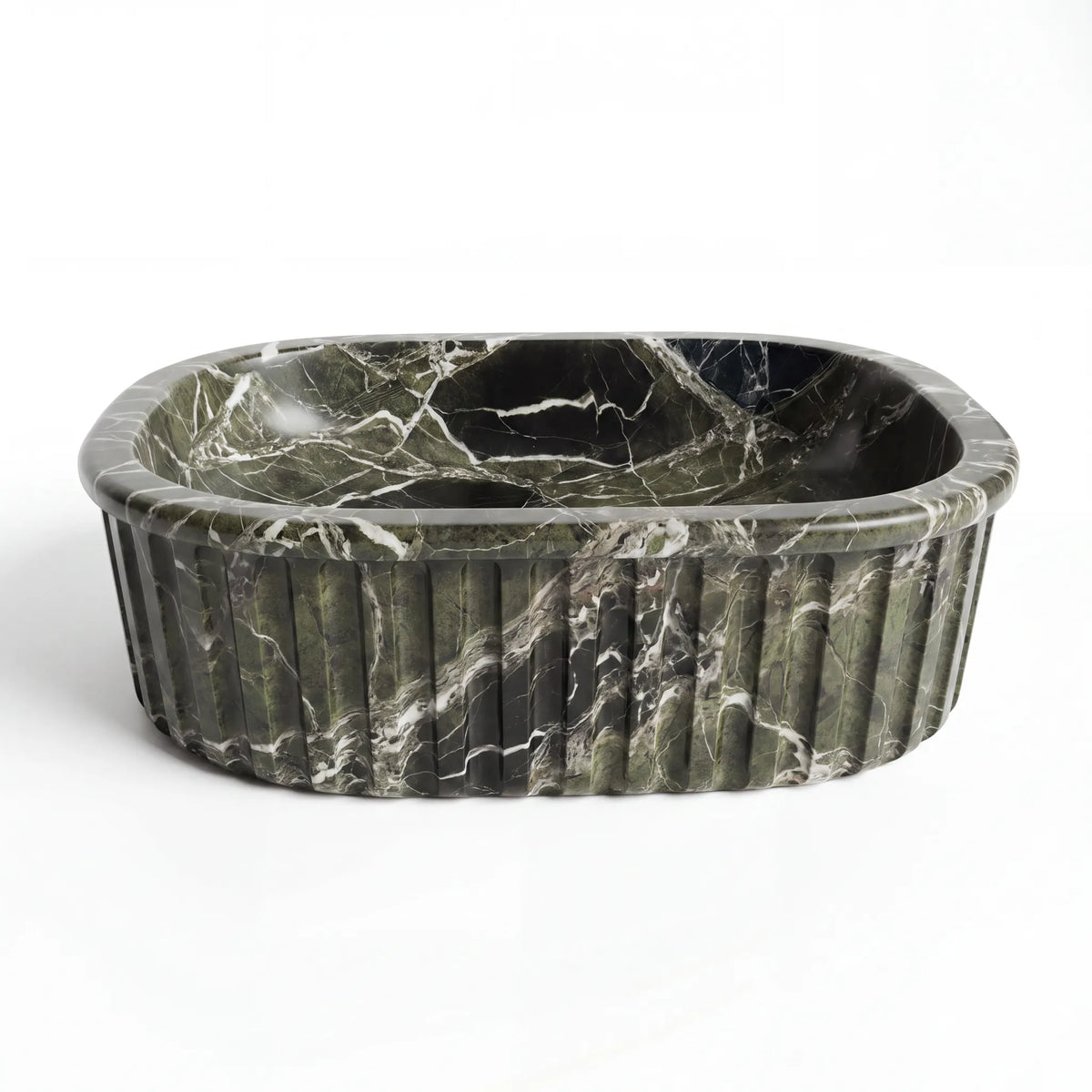 Front view of RMD-083 Verdavia rectangular green marble vessel sink with polished finish