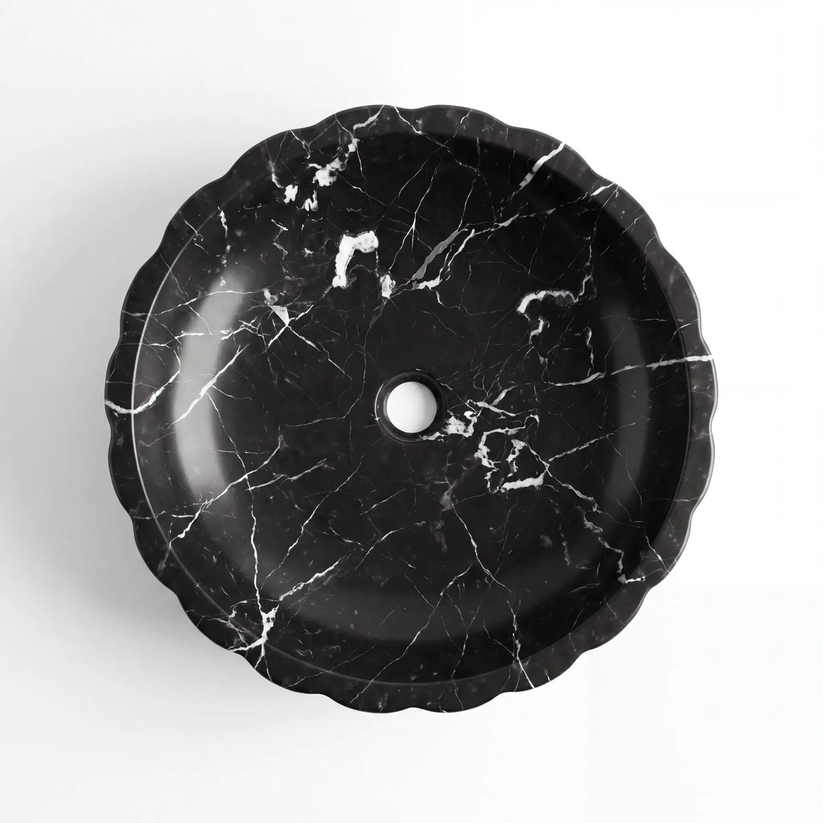 Detailed view of RMD-084 Nerovessa Nero Marquina marble vessel sink showing distinctive white veining