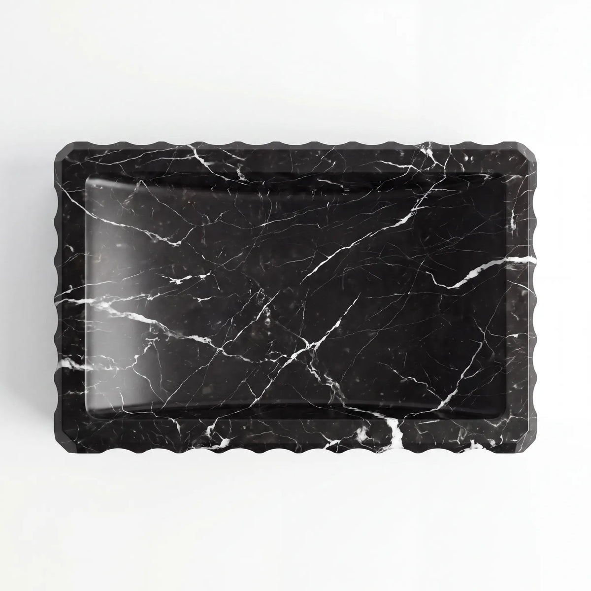 Detailed view of RMD-090 Neravelle Nero Marquina marble vessel sink showing distinctive white veining