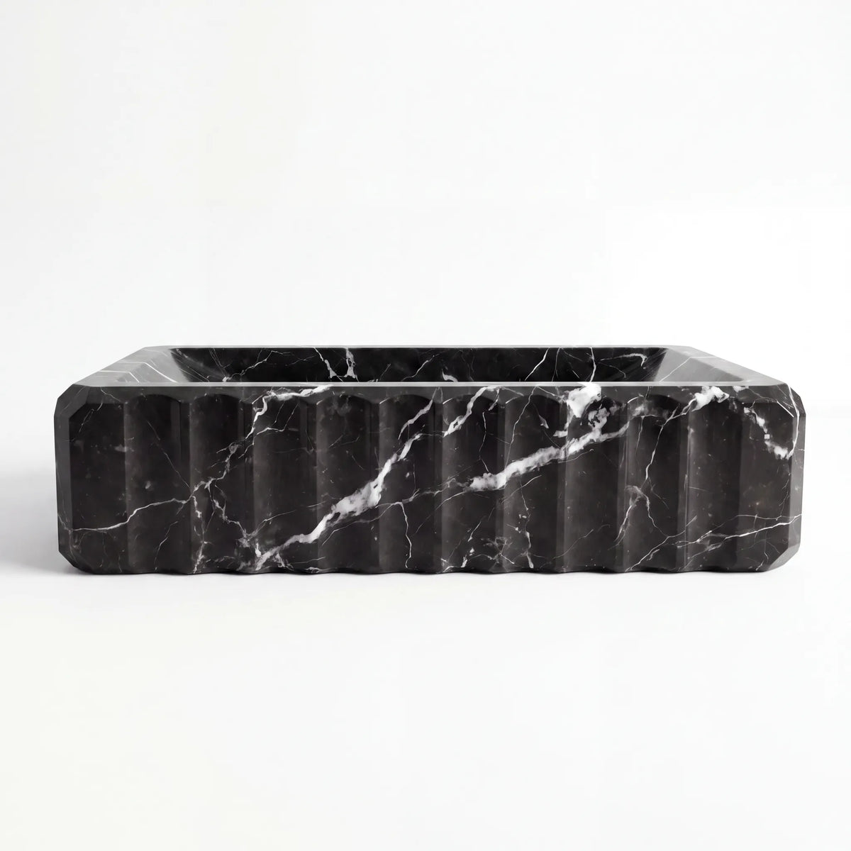 Front view of RMD-090 Neravelle round Nero Marquina marble vessel sink with polished finish