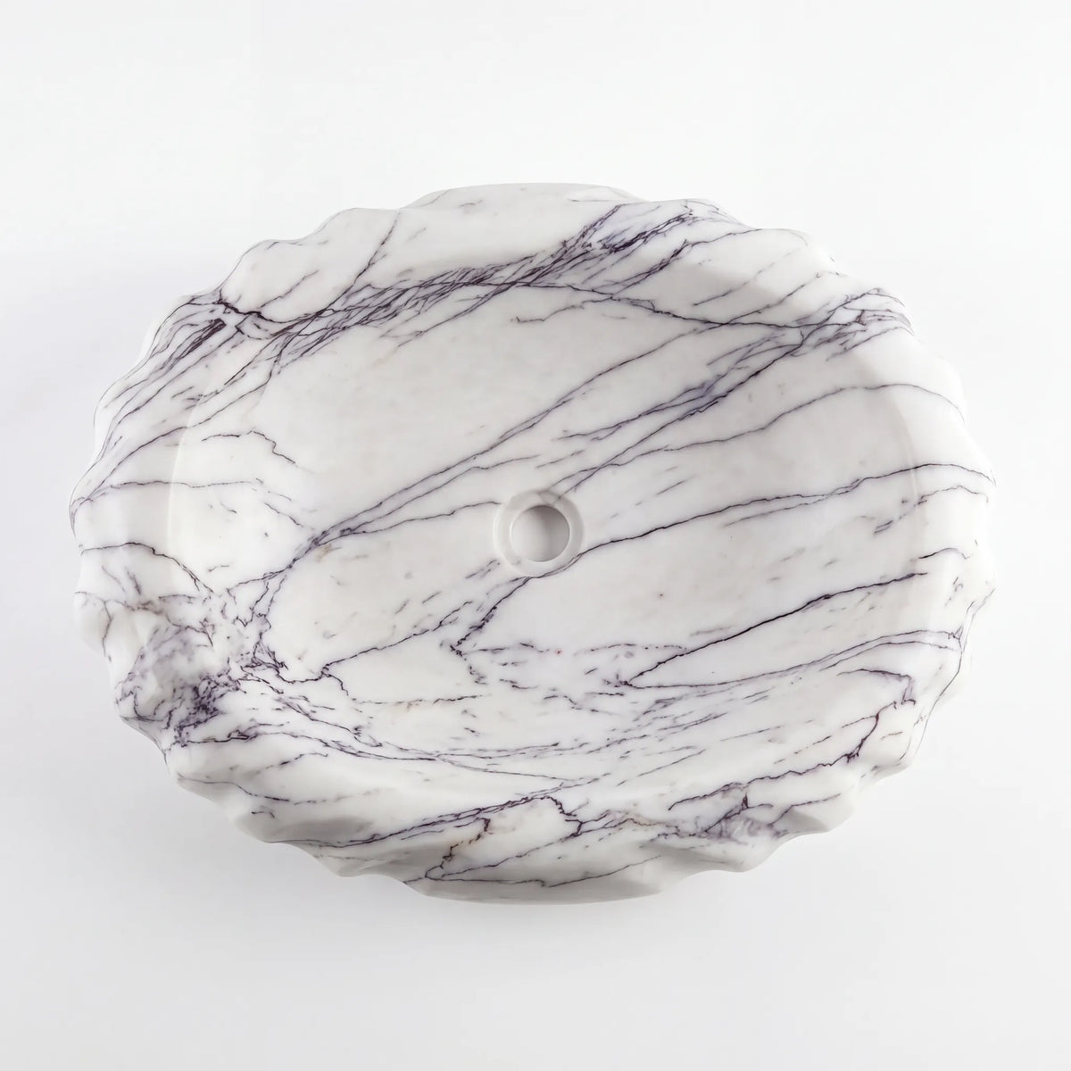 Detailed view of RMD-092 Lilavora Lilac marble vessel sink showing distinctive natural veining