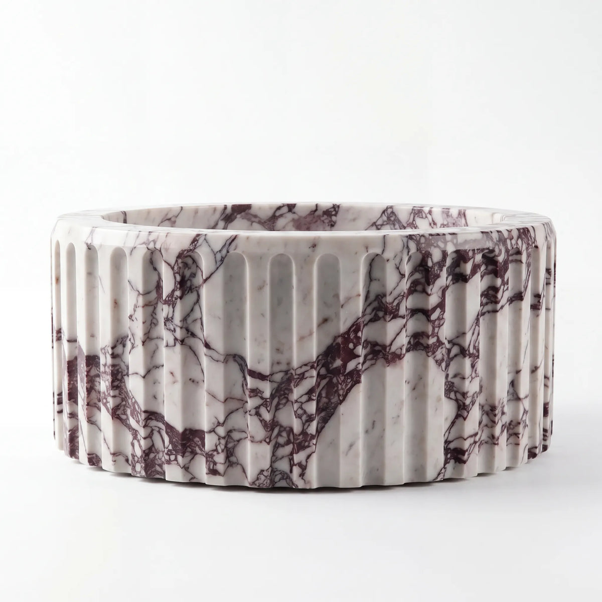Front view of RMD-093 Violessa round Calacatta Viola marble vessel sink with polished finish