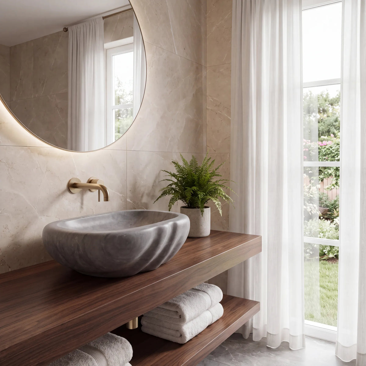 RMD-094 Grivana round grey marble vessel sink styled on an elegant bathroom vanity