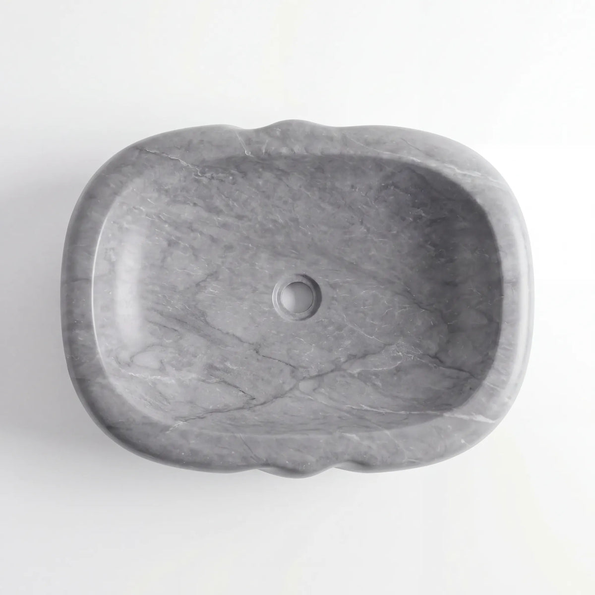 Detailed view of RMD-094 Grivana grey marble vessel sink showing distinctive natural veining