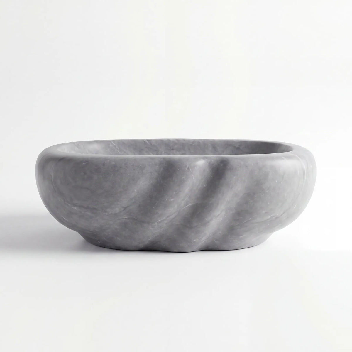 Front view of RMD-094 Grivana round grey marble vessel sink with polished finish
