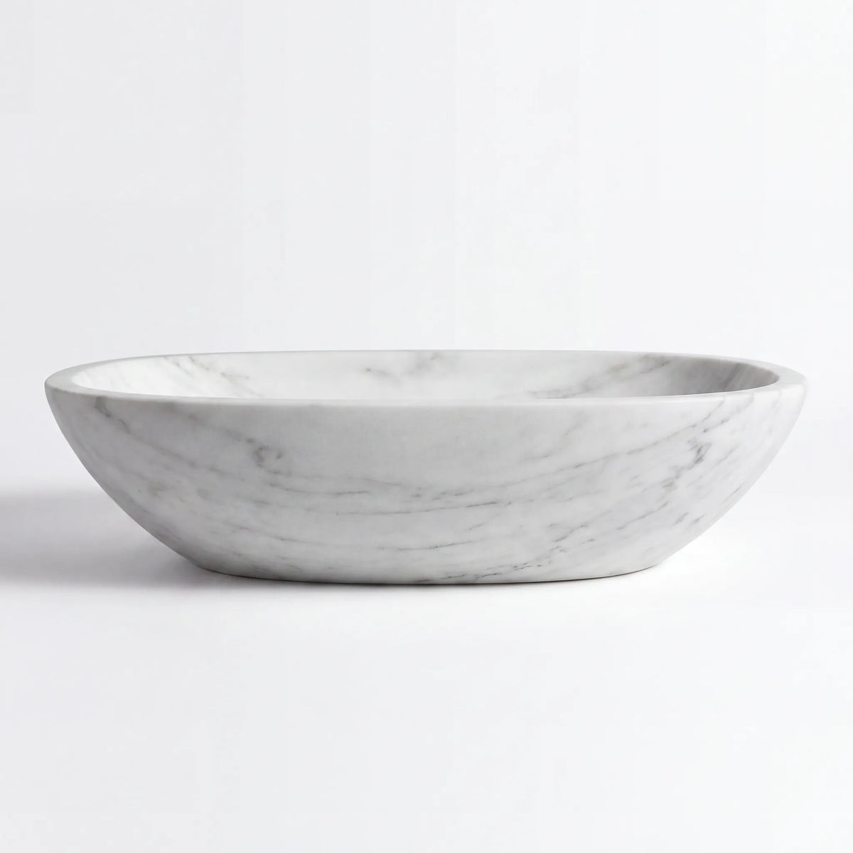 Front view of RMD-096 Carravessa round Carrara white marble vessel sink with polished finish