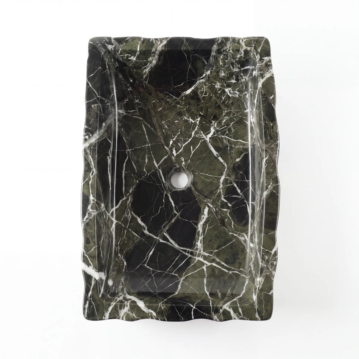 Detailed view of RMD-097 Verdalis green marble vessel sink showing distinctive natural veining