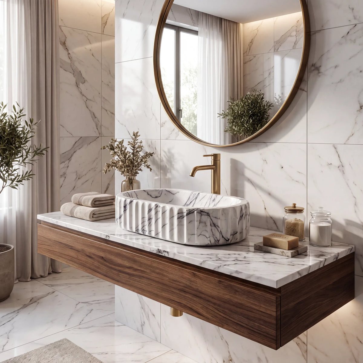 RMD-102 Lilavelle round Lilac marble vessel sink styled on an elegant bathroom vanity