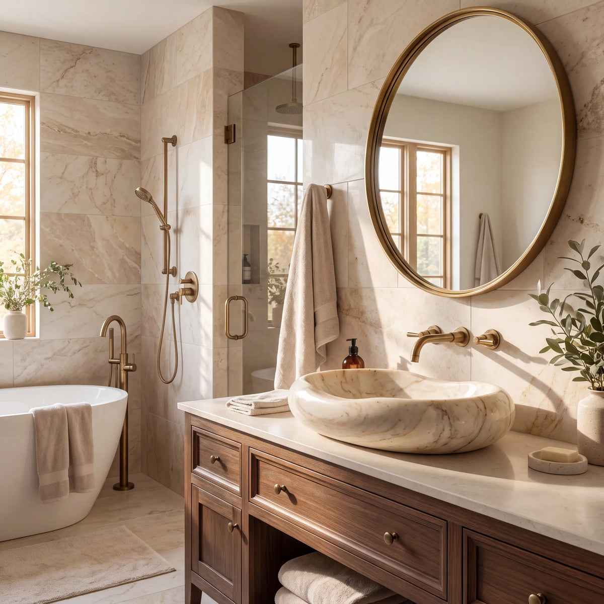 RMD-104 Aurelia round Calacatta Gold marble vessel sink styled on an elegant bathroom vanity