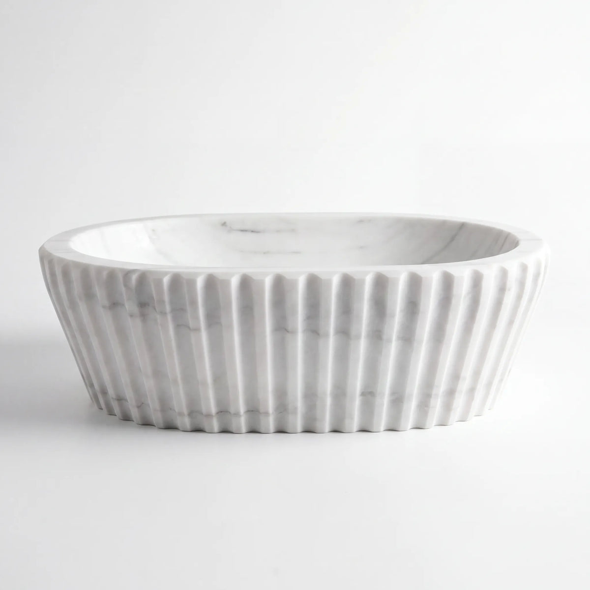 Front view of RMD-106 Carralora round Carrara white marble vessel sink with polished finish