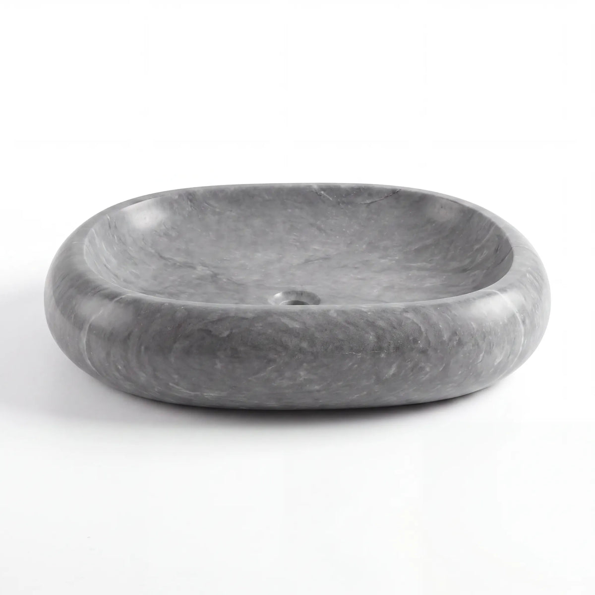 Detailed view of RMD-111 Griselva grey marble vessel sink showing distinctive natural veining