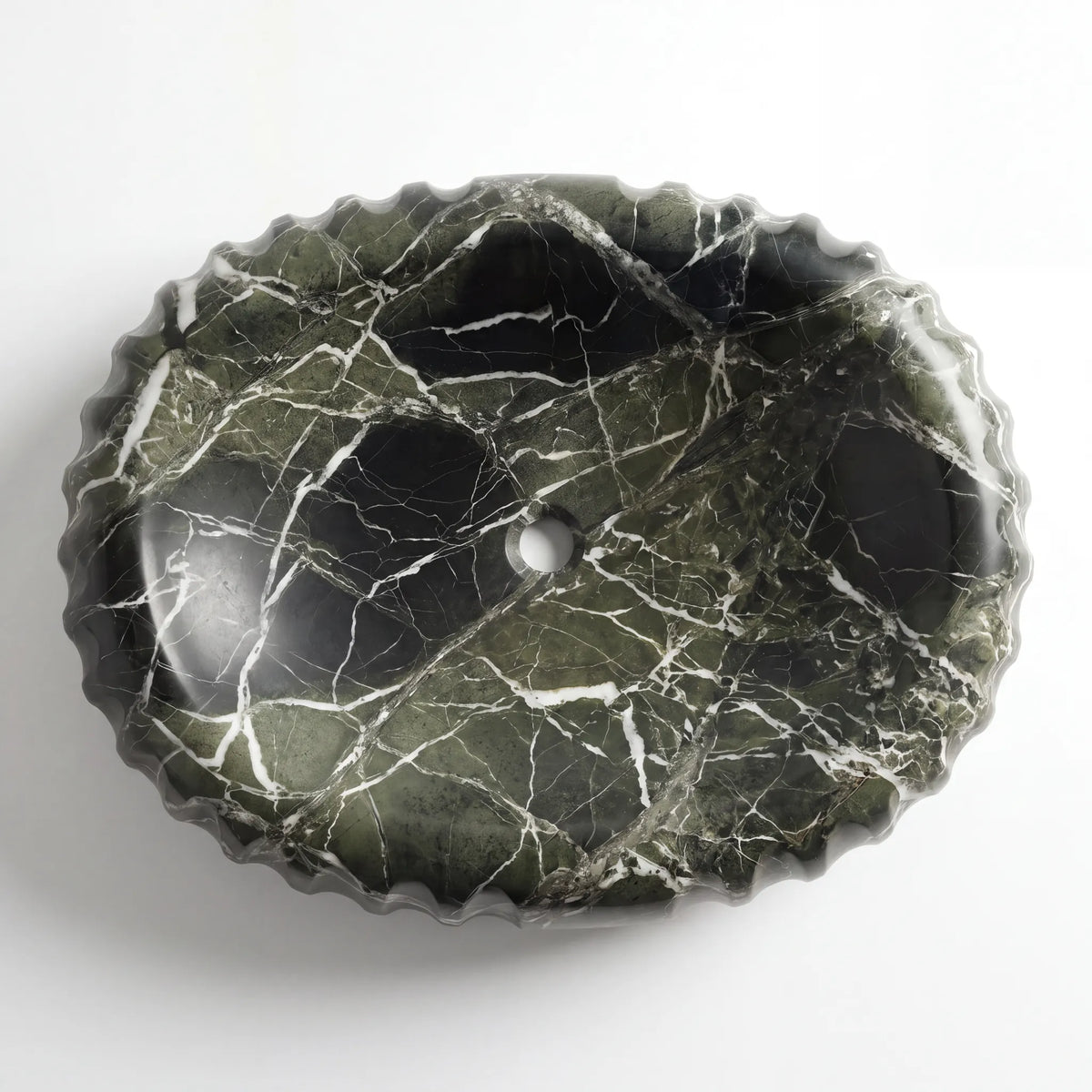 Detailed view of RMD-113 Verdelle green marble vessel sink showing distinctive natural veining