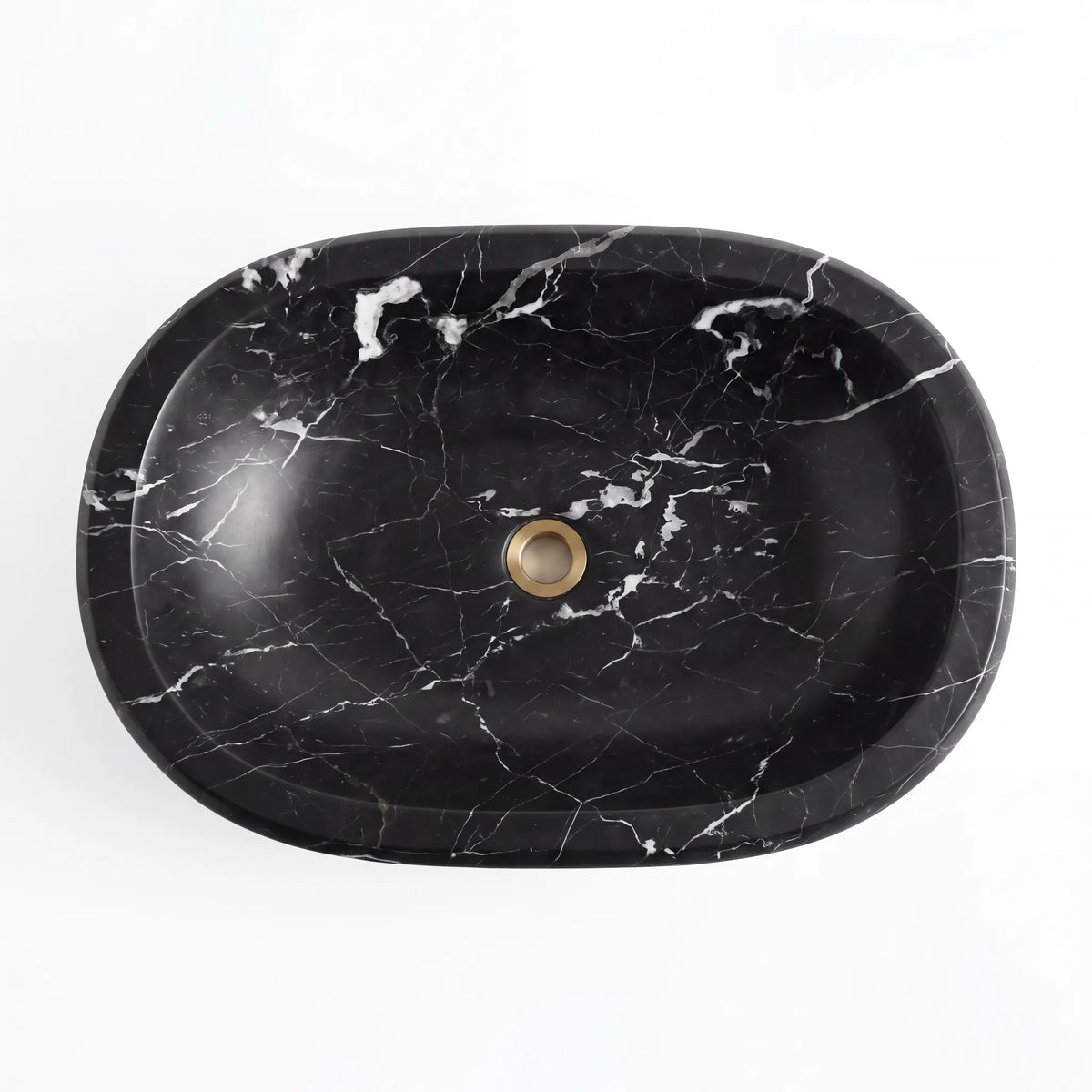 Detailed view of RMD-114 Neravelle Nero Marquina marble vessel sink showing distinctive natural veining