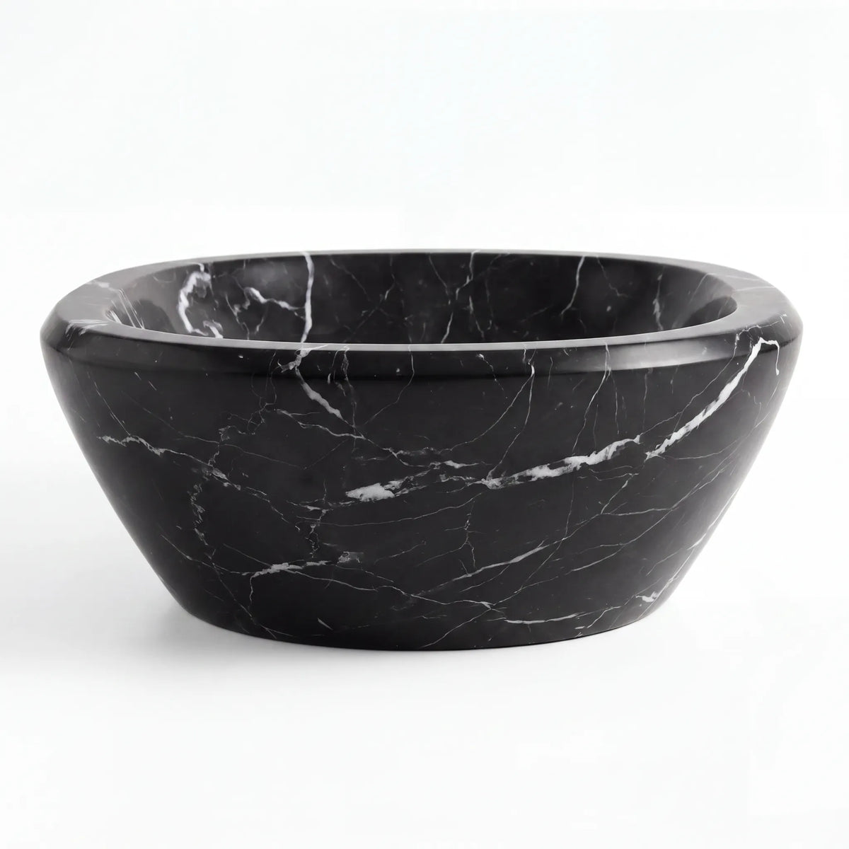 Front view of RMD-114 Neravelle oval Nero Marquina marble vessel sink with polished finish