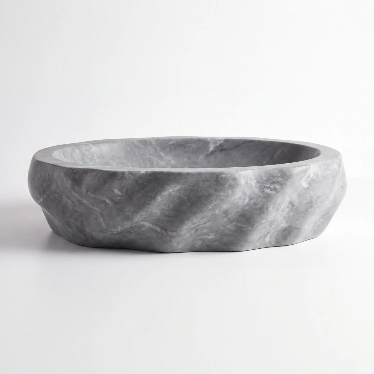 Front view of RMD-116 Grivelle round grey marble vessel sink with polished finish