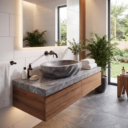 RMD-116 Round Grey Marble Vessel Sink Basin