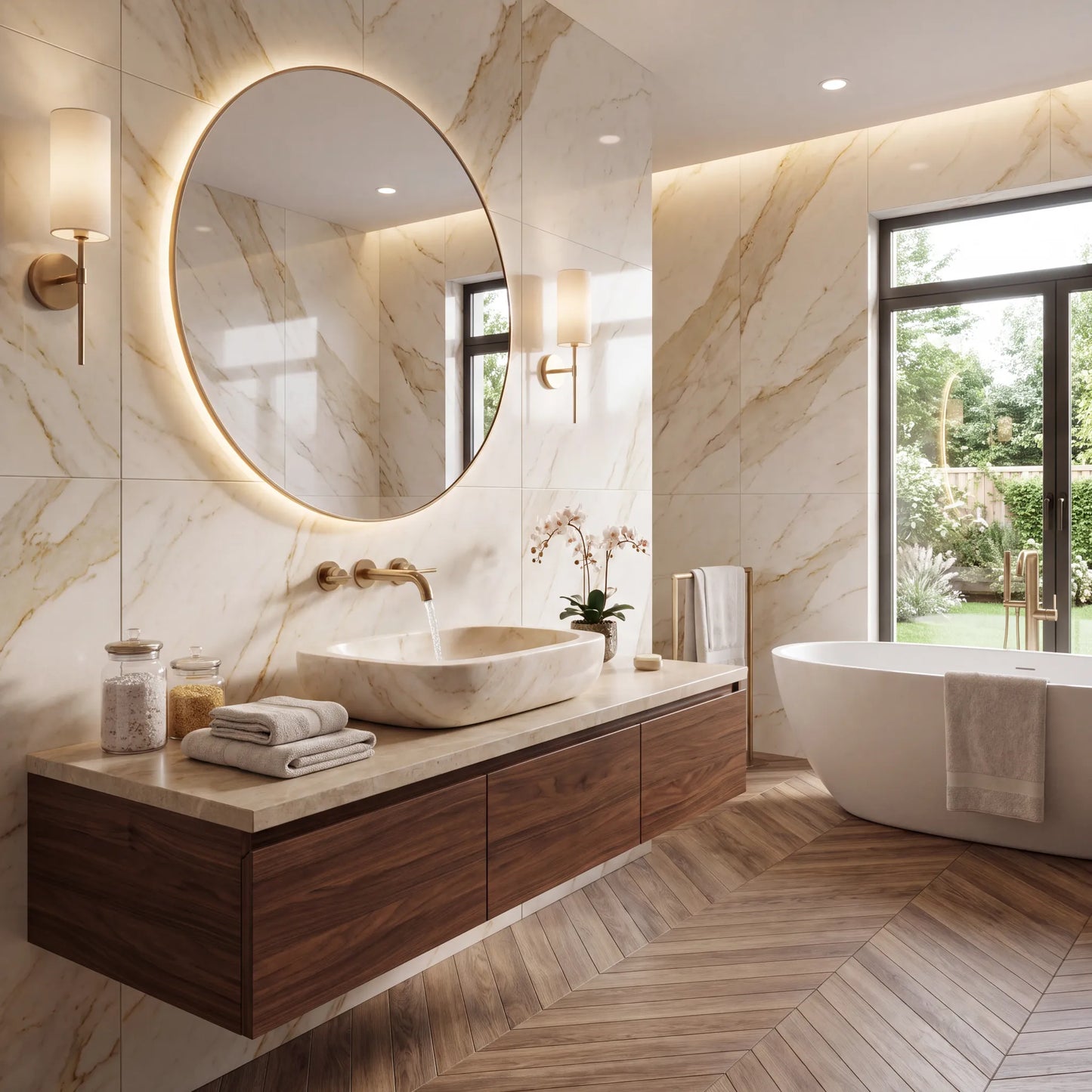 RMD-118 Round Cream and Bej Marble Vessel Sink Basin