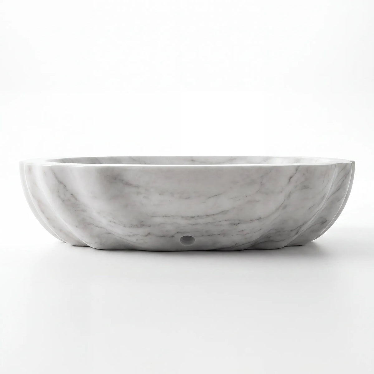 Front view of RMD-121 Carravena round Carrara white marble vessel sink with polished finish
