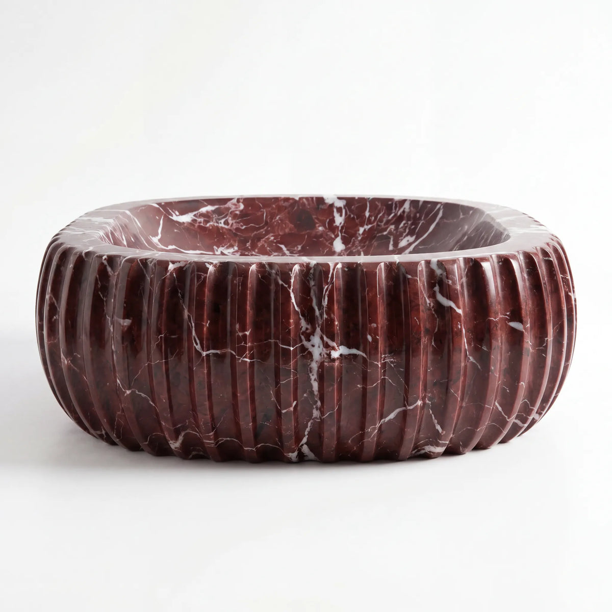 Front view of RMD-122 Rossavelle round Rosso Levanto marble vessel sink with polished finish