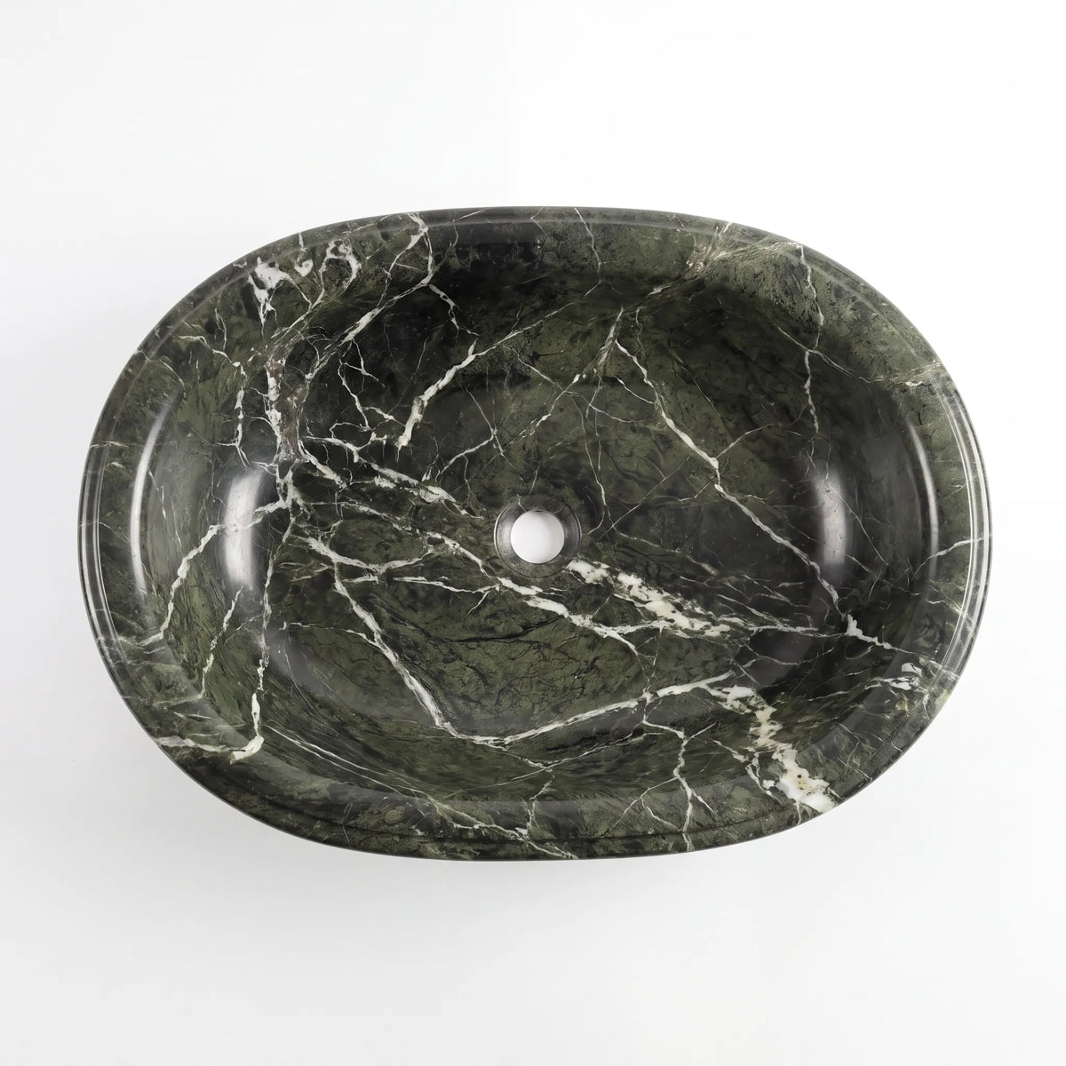 Detailed view of RMD-124 Verdanova green marble vessel sink showing distinctive natural veining