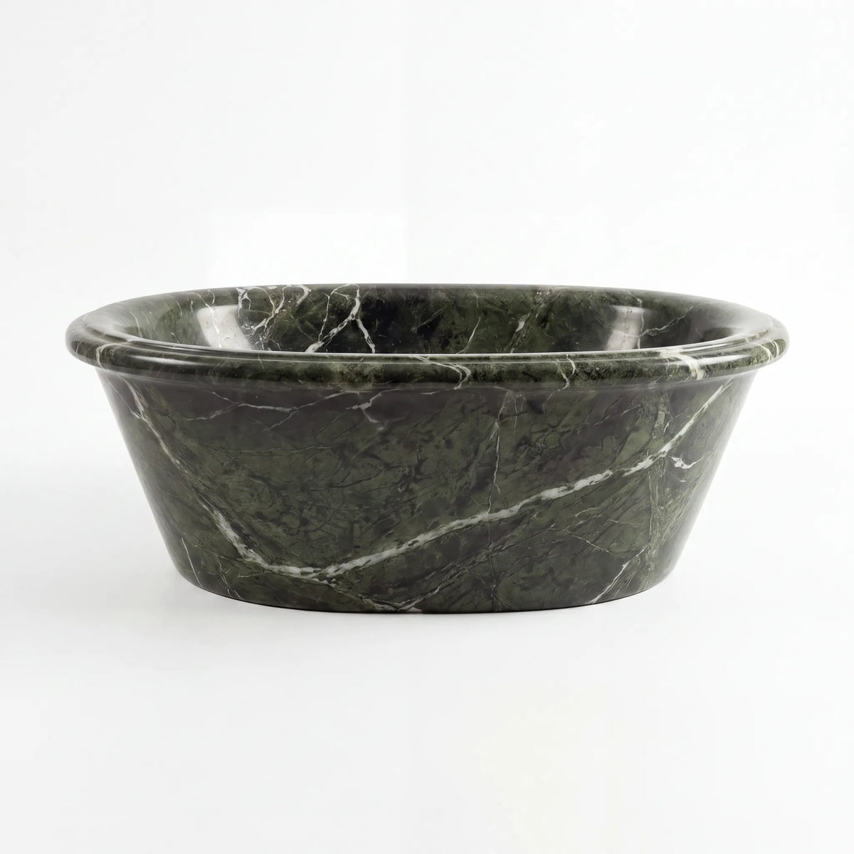 Front view of RMD-124 Verdanova round green marble vessel sink with polished finish