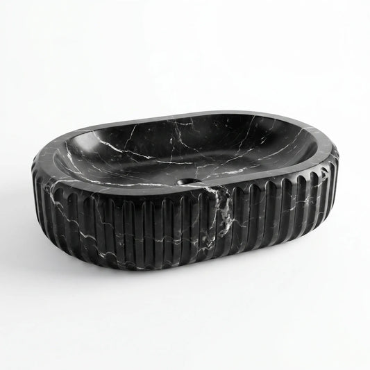 RMD-125 Nerovanta round Nero Marquina marble vessel sink with striking natural veining