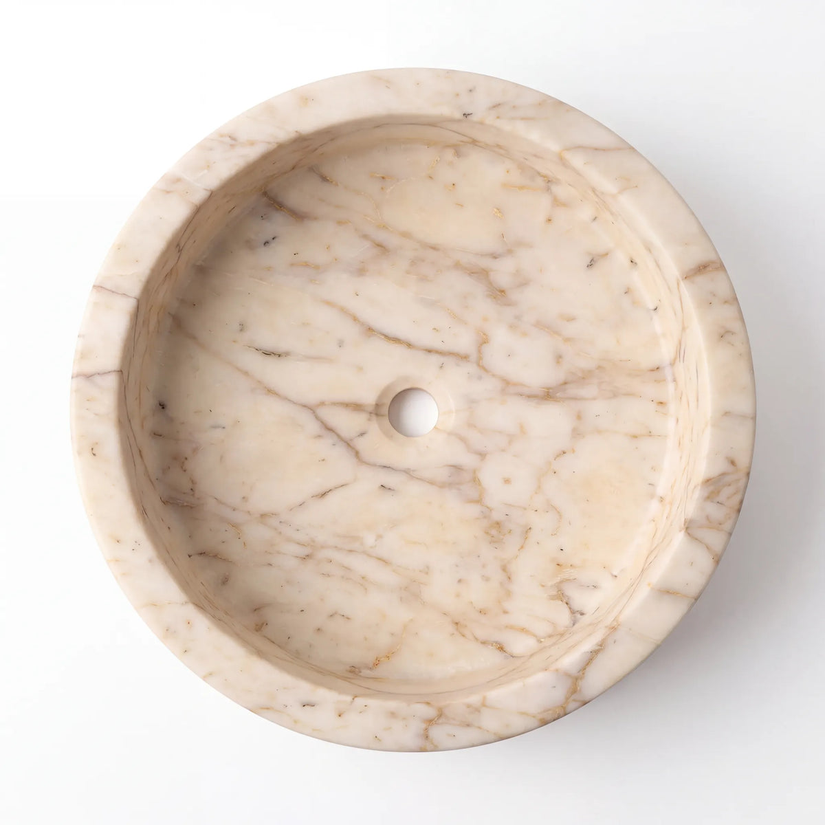 Detailed view of RMD-126 Aurevia Calacatta Gold marble vessel sink showing elegant natural veining