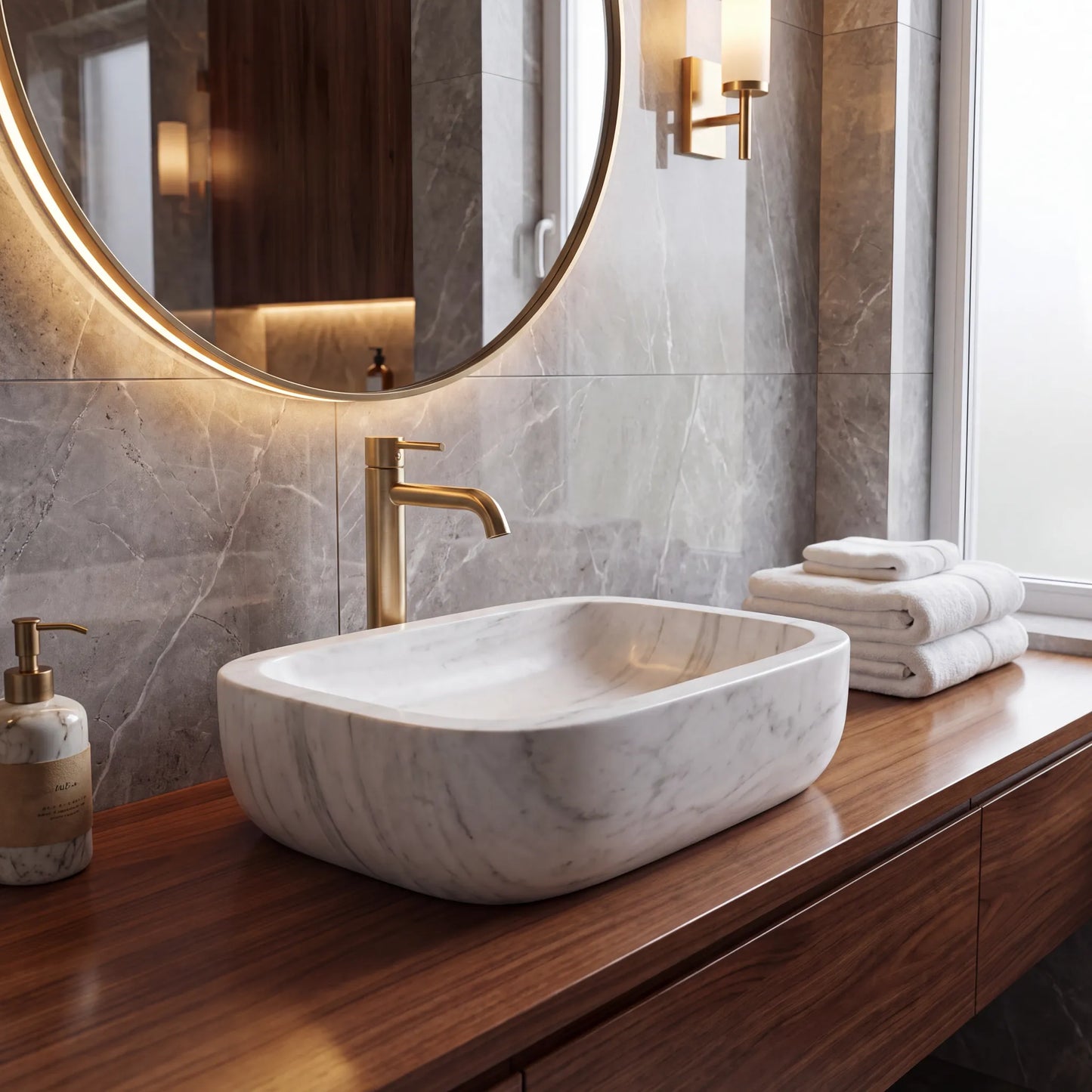 RMD-127 Round Carrara White Vessel Sink Basin