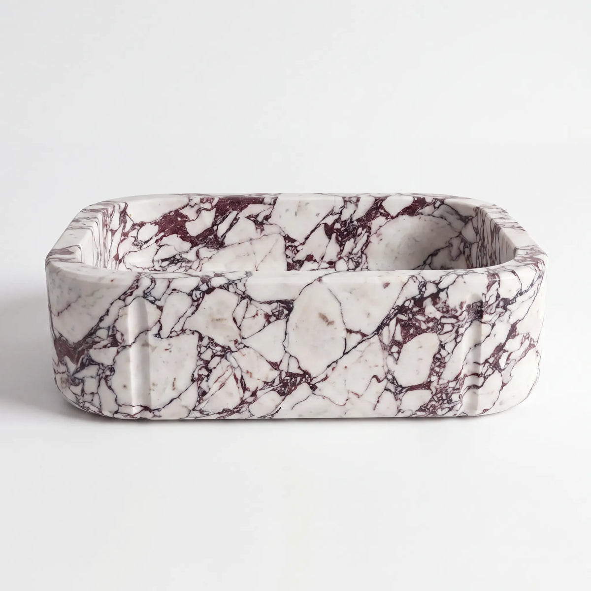 Front view of RMD-128 Viomara square Calacatta Viola marble vessel sink with polished finish