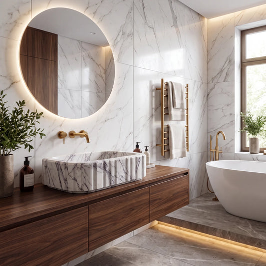 RMD-129 Lilavere square Lilac marble vessel sink styled on an elegant bathroom vanity