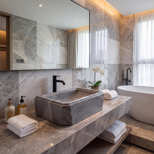 RMD-130 Grivora round grey marble vessel sink styled on an elegant bathroom vanity