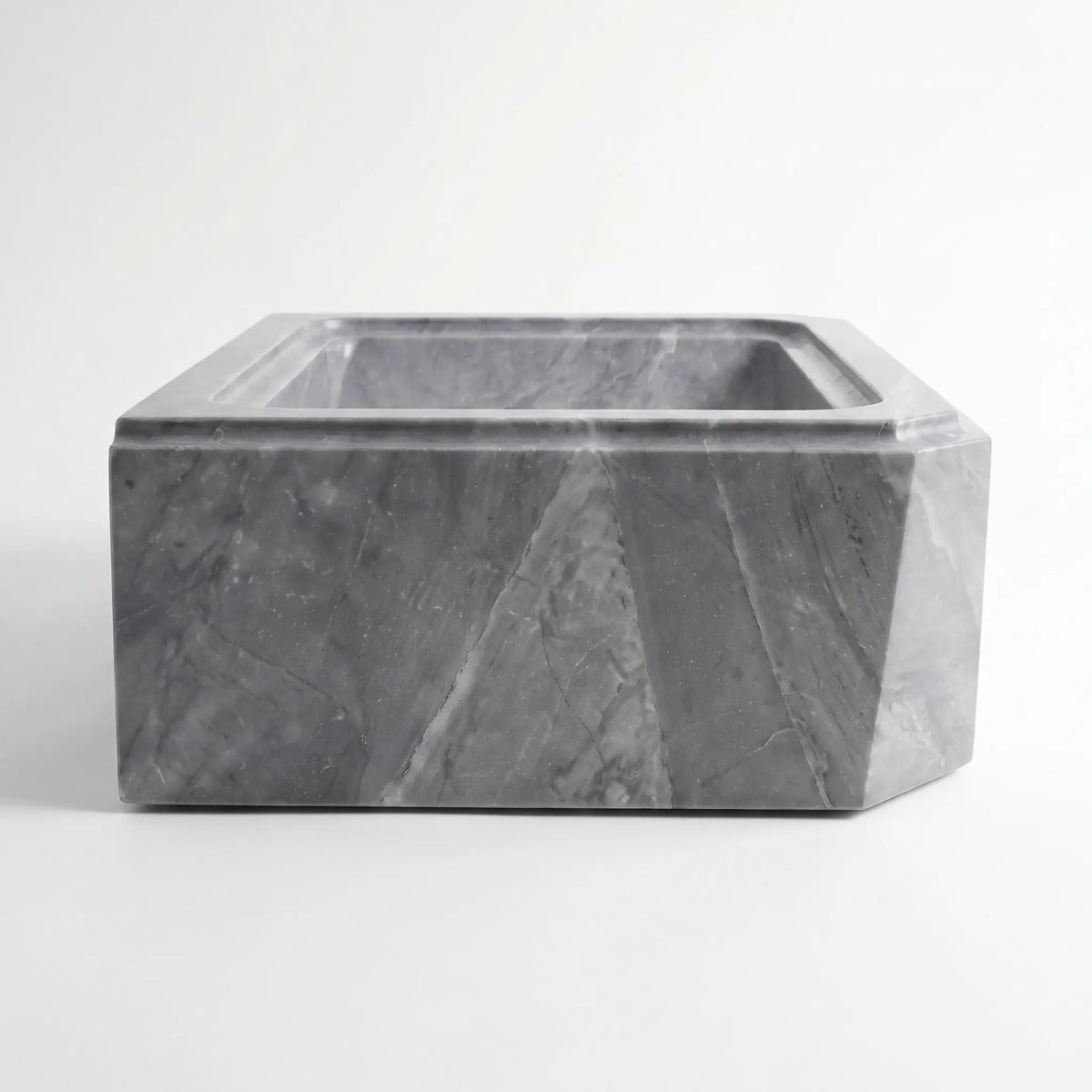 Front view of RMD-130 Grivora round grey marble vessel sink with polished finish