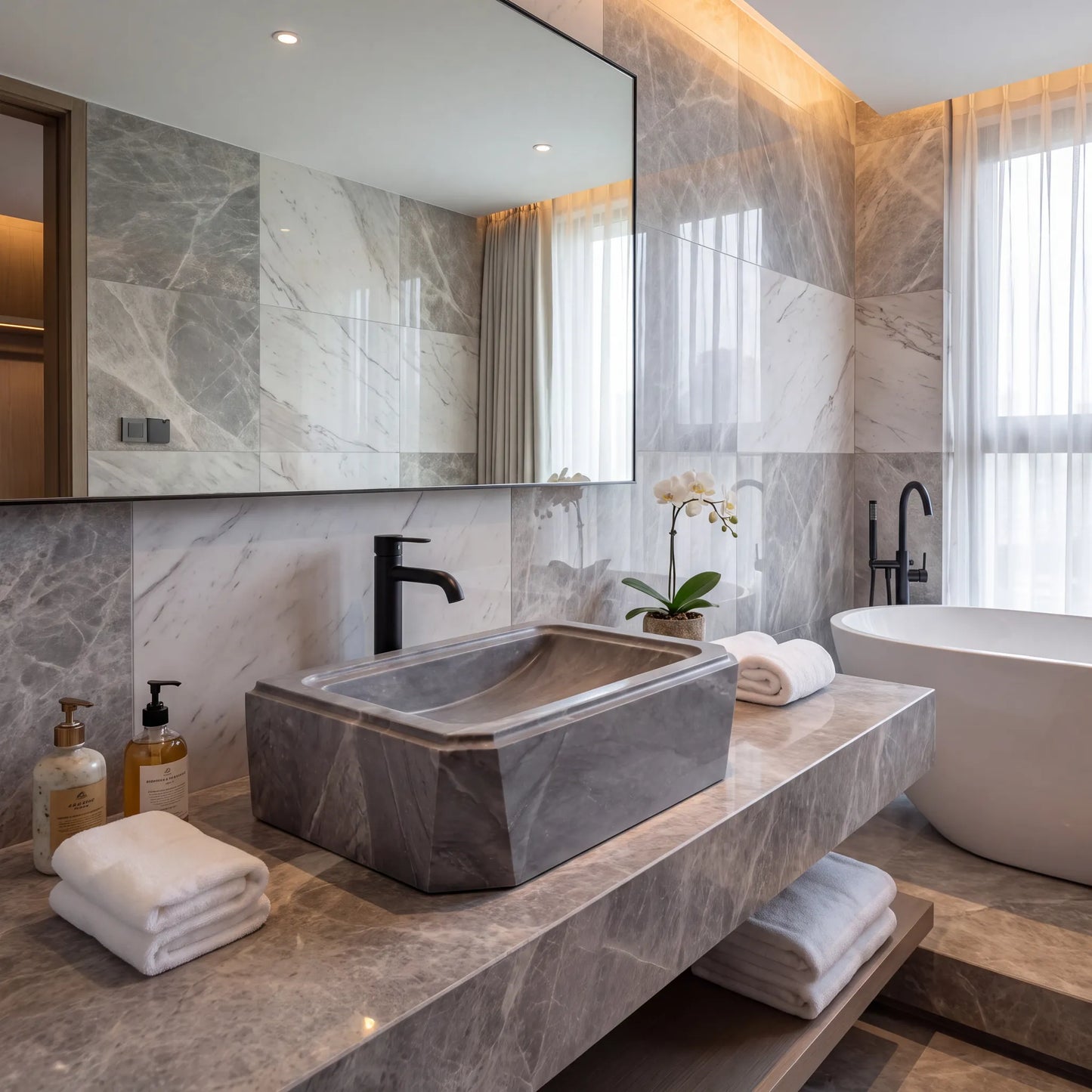 RMD-130 Round Grey Marble Vessel Sink Basin