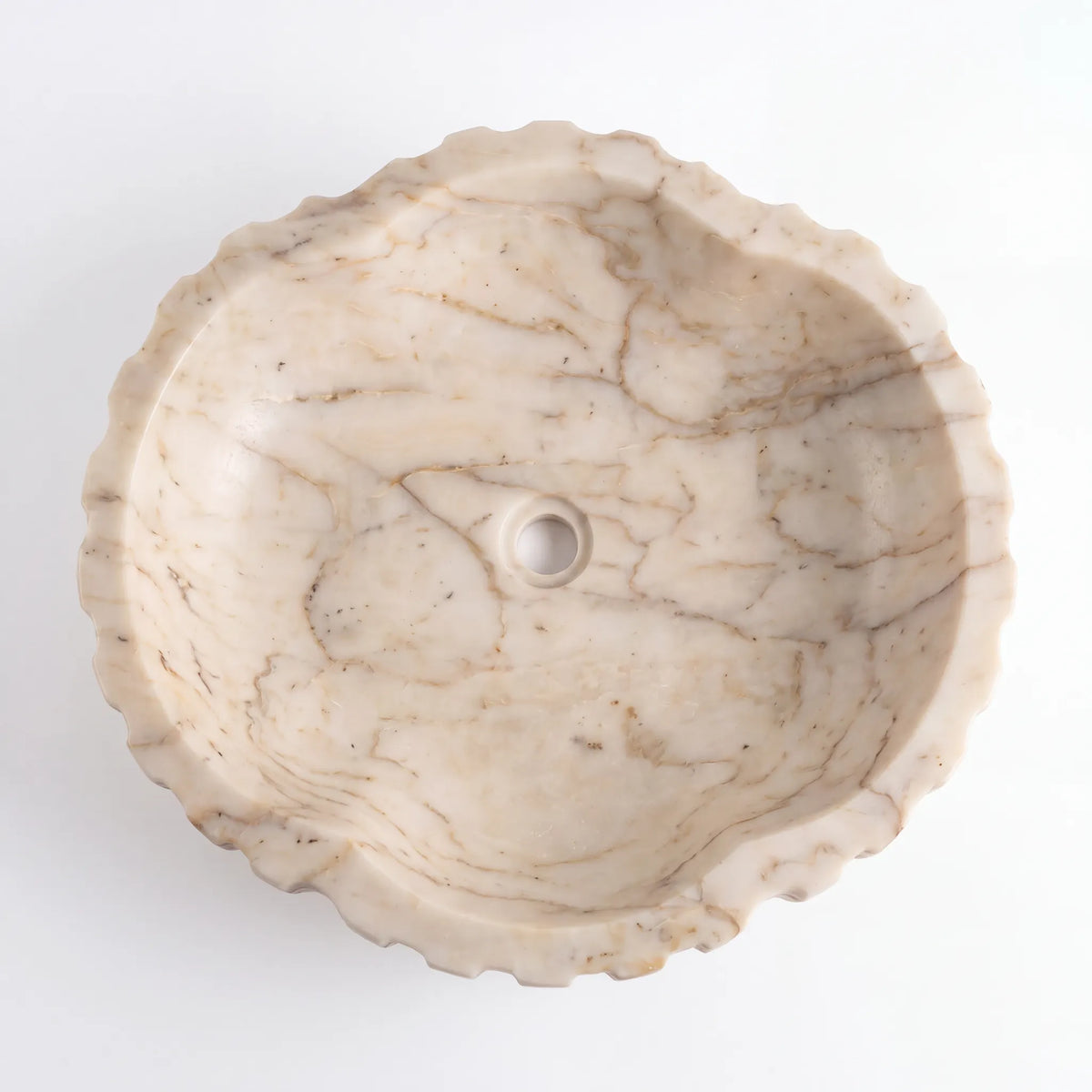 Detailed view of RMD-132 Aurevella Calacatta Gold marble vessel sink showing elegant natural veining