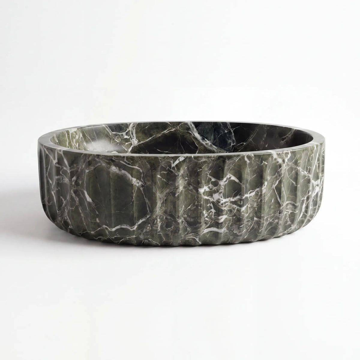 Front view of RMD-133 Verdessa round green marble vessel sink with polished finish