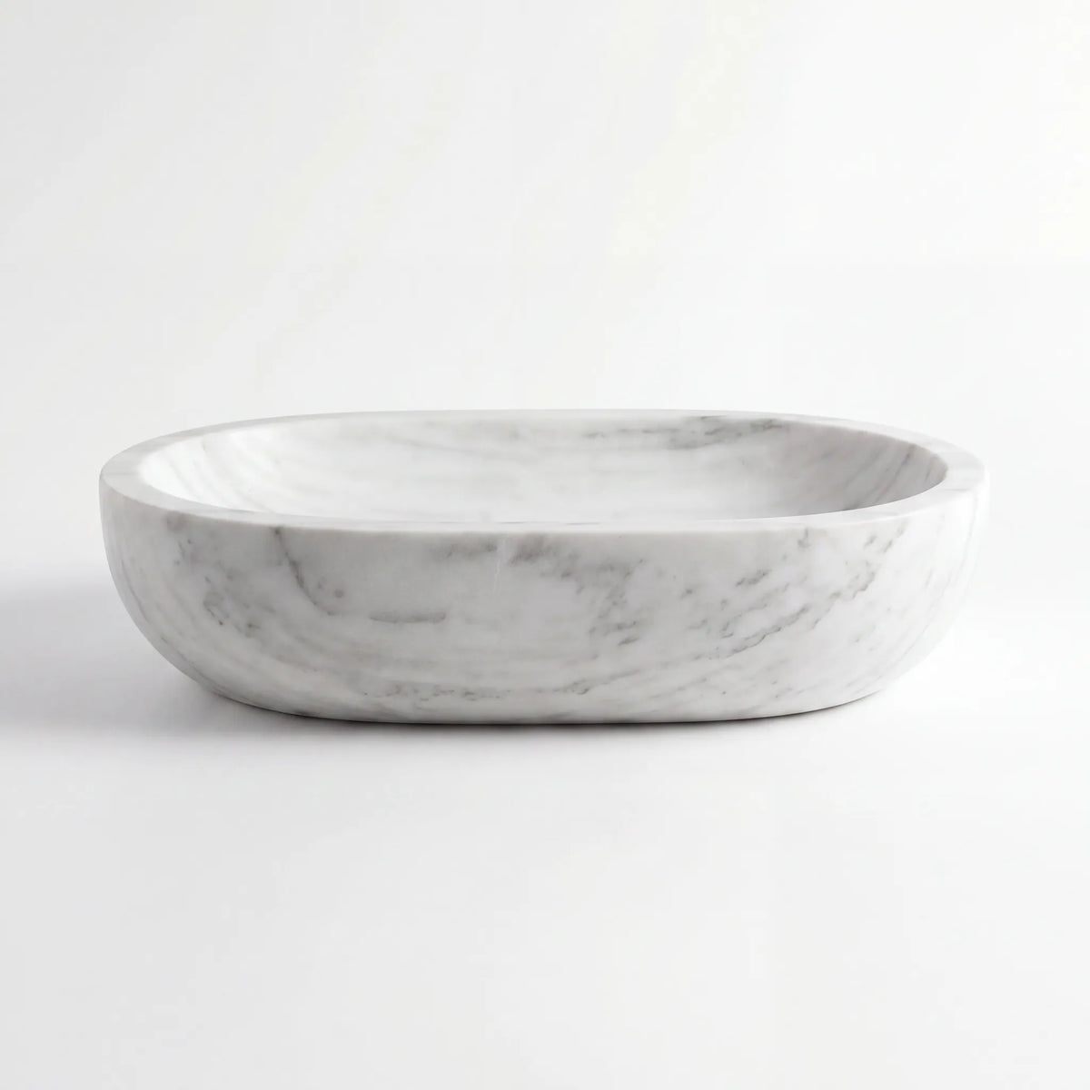 Front view of RMD-134 Carravelle round Carrara white marble vessel sink with polished finish
