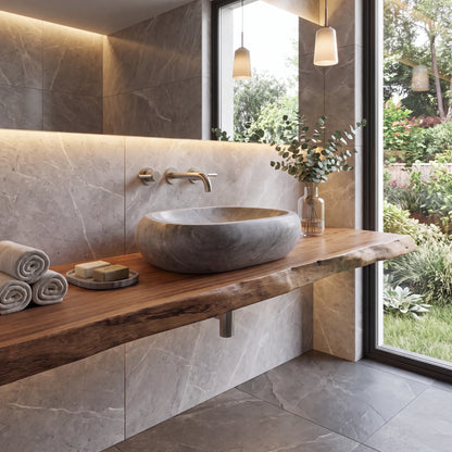 RMD-138 Round Grey Marble Vessel Sink Basin