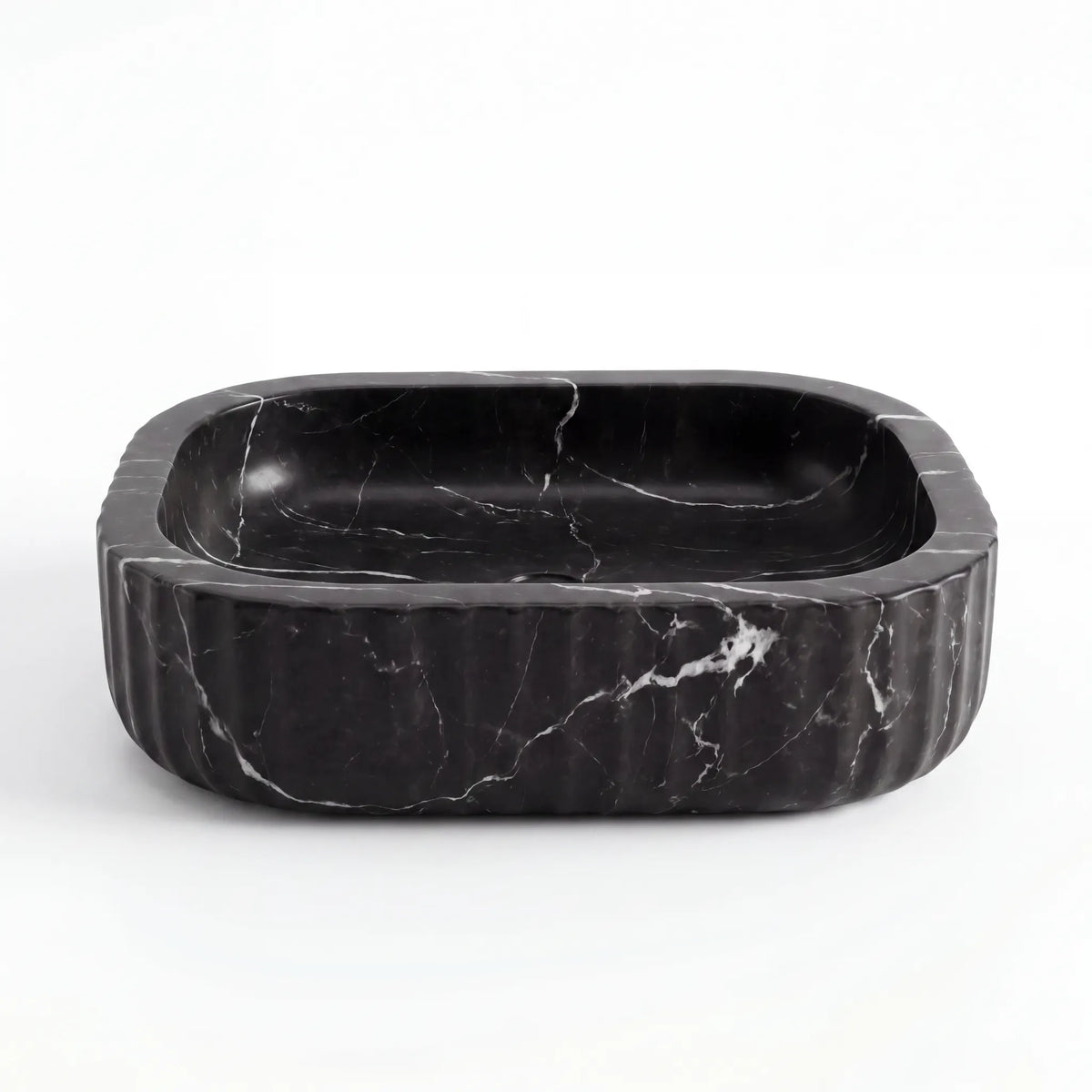 Front view of RMD-139 Nerovique rectangular Nero Marquina marble vessel sink with polished finish