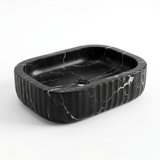 RMD-139 Nerovique rectangular Nero Marquina marble vessel sink with striking natural veining