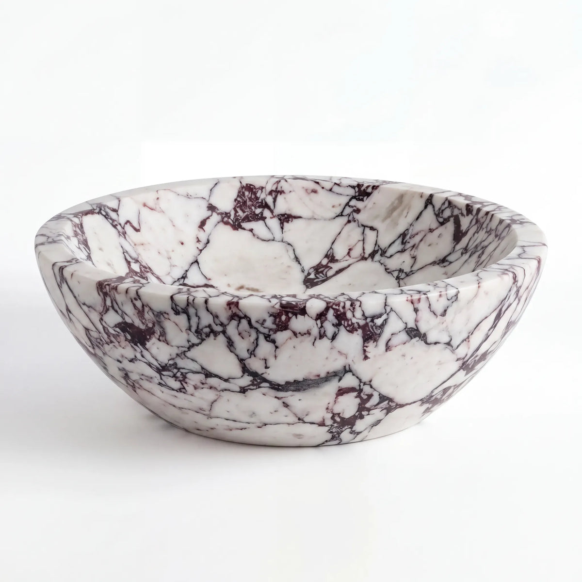 Front view of RMD-140 Viomere round Calacatta Viola marble vessel sink with polished finish