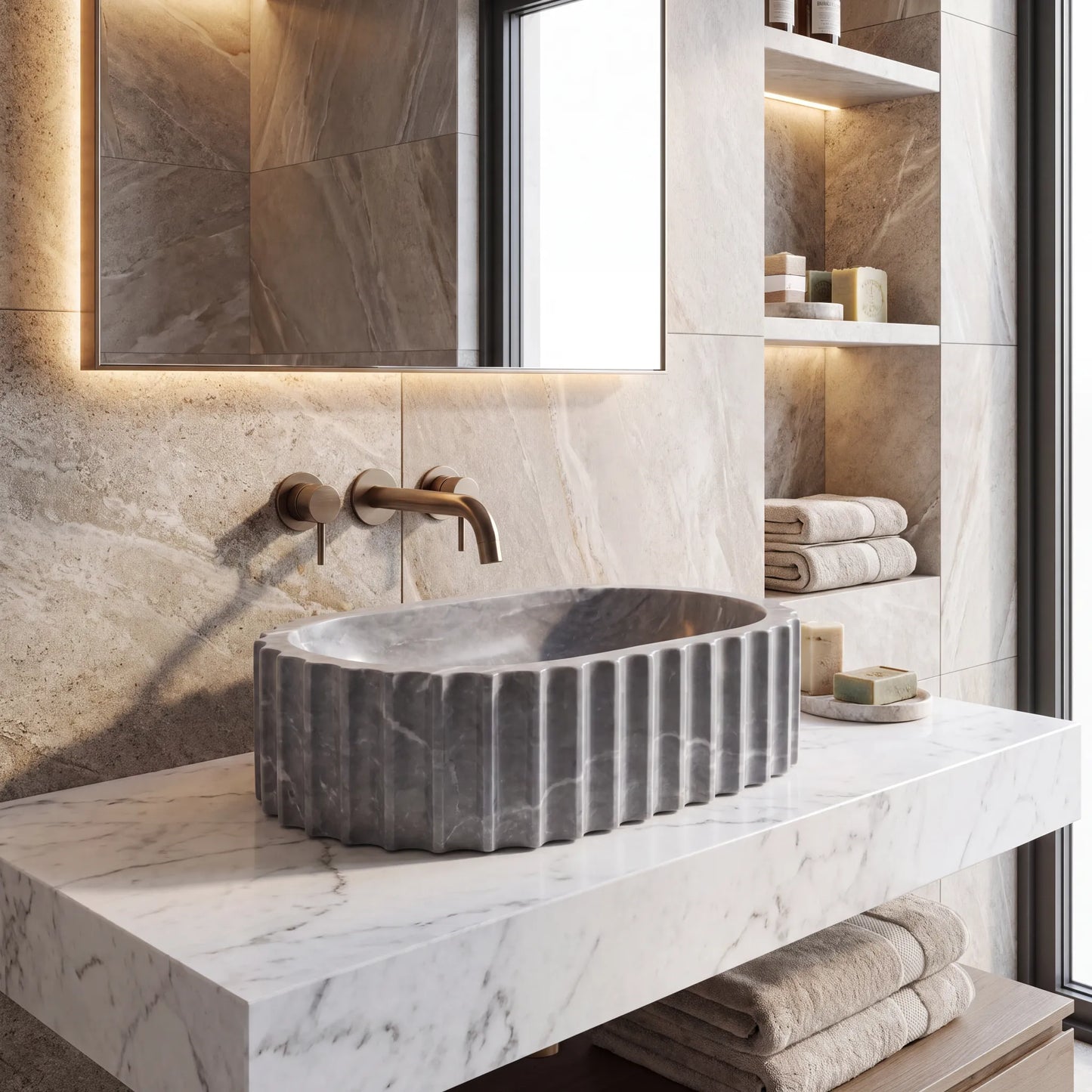 RMD-142 Round Grey Marble Vessel Sink Basin