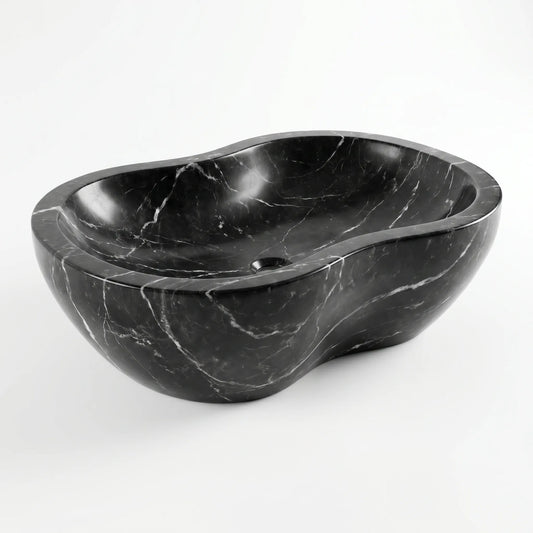 RMD-143 Nerovale round Nero Marquina marble vessel sink with striking natural veining