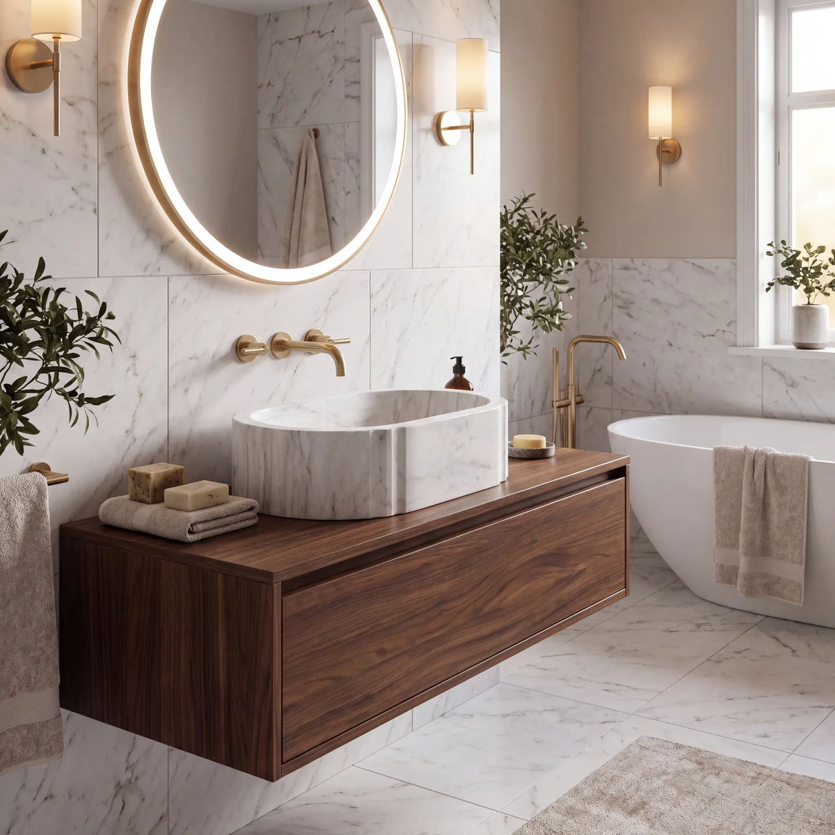RMD-144 Carravora round Carrara white marble vessel sink styled on an elegant bathroom vanity
