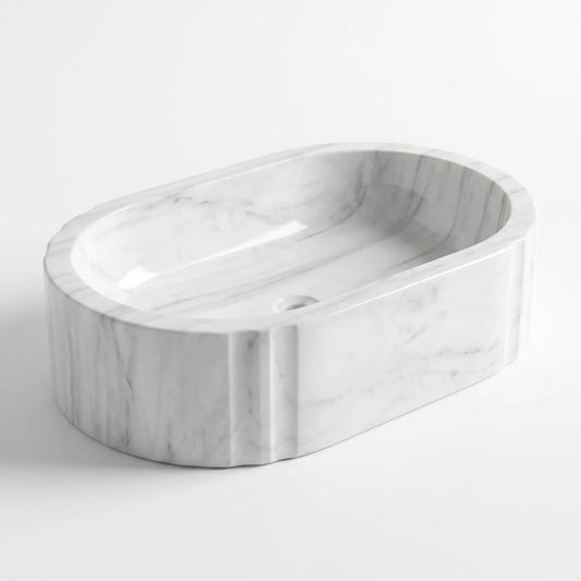 RMD-144 Carravora round Carrara white marble vessel sink with elegant natural veining